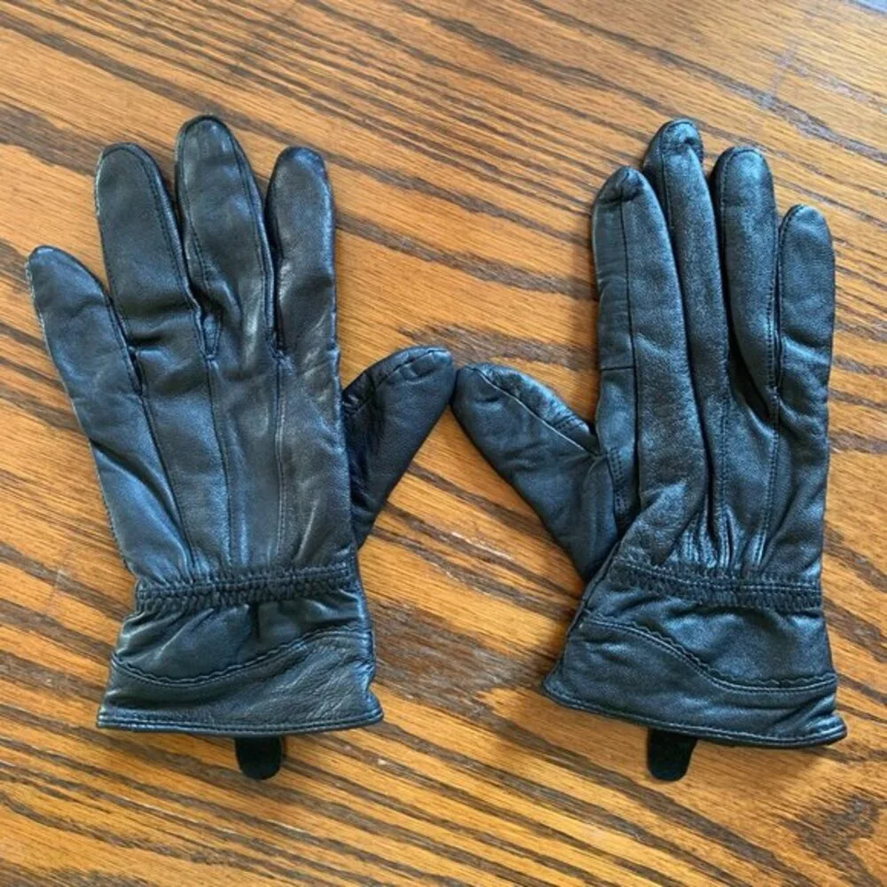 Black Leather Winter Gloves Small Fleece Lined Elastic Wrist Pull Tab Classic